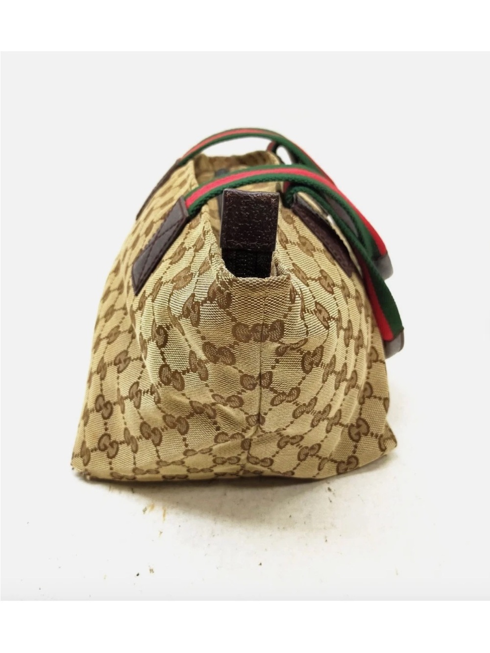 Gucci Sherry Line Top Handle Brown Canvas Bag with Red and Green Stripe - Picture 3 of 9
